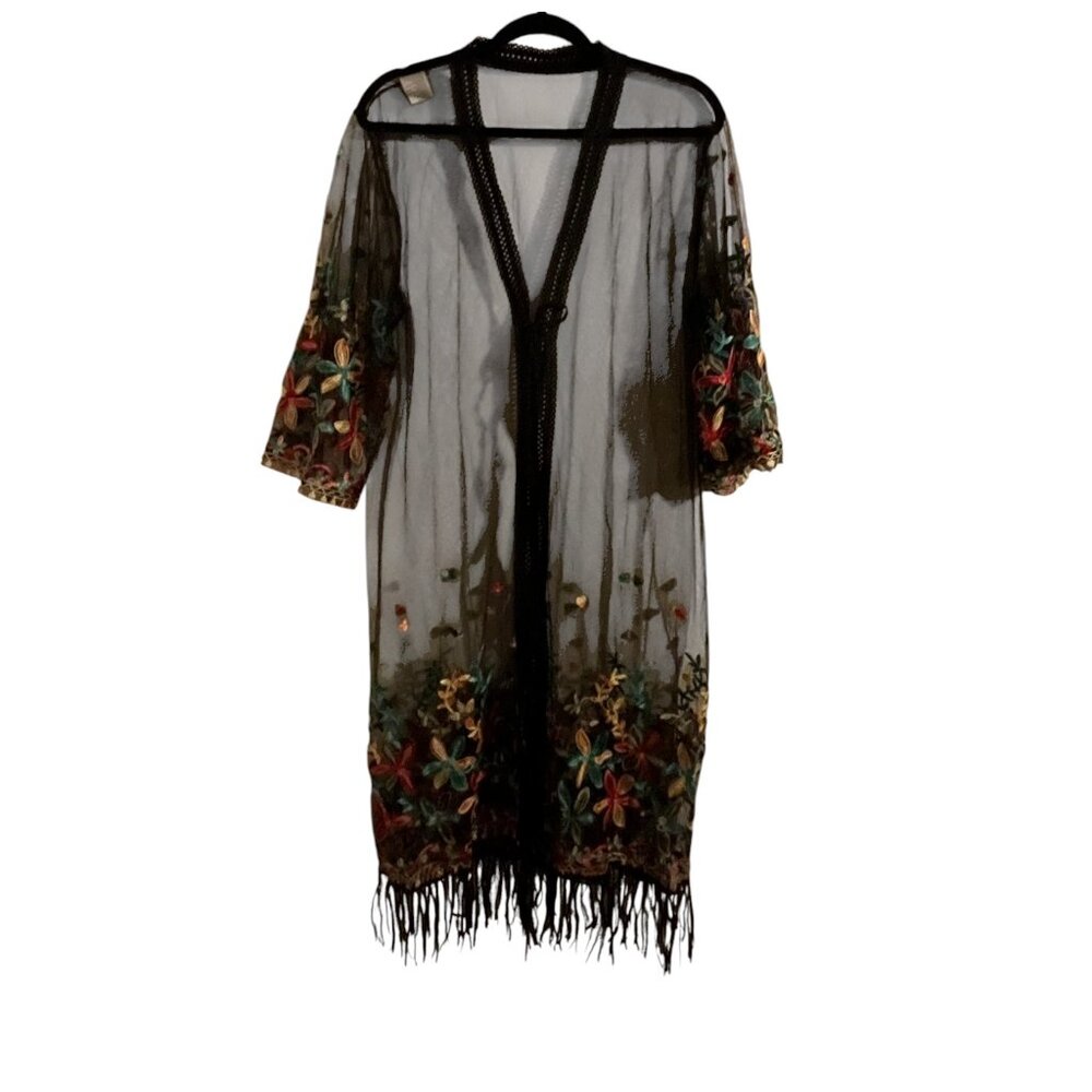 OCEAN BLUE FLORAL SHEER TASSEL TRIM KIMONO